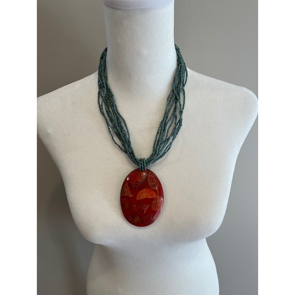 Boho Multi Strand Seed Bead Statement Necklace Red Oval Resin Pendant Teal Blue